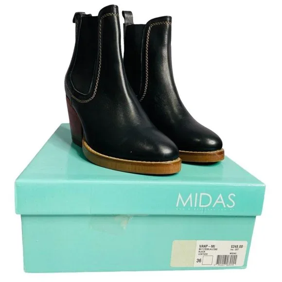 Midas Black Genuine Leather Block Heel Boots Size 36 / 6 RRP$248 Ankle Bootie - Picture 1 of 10